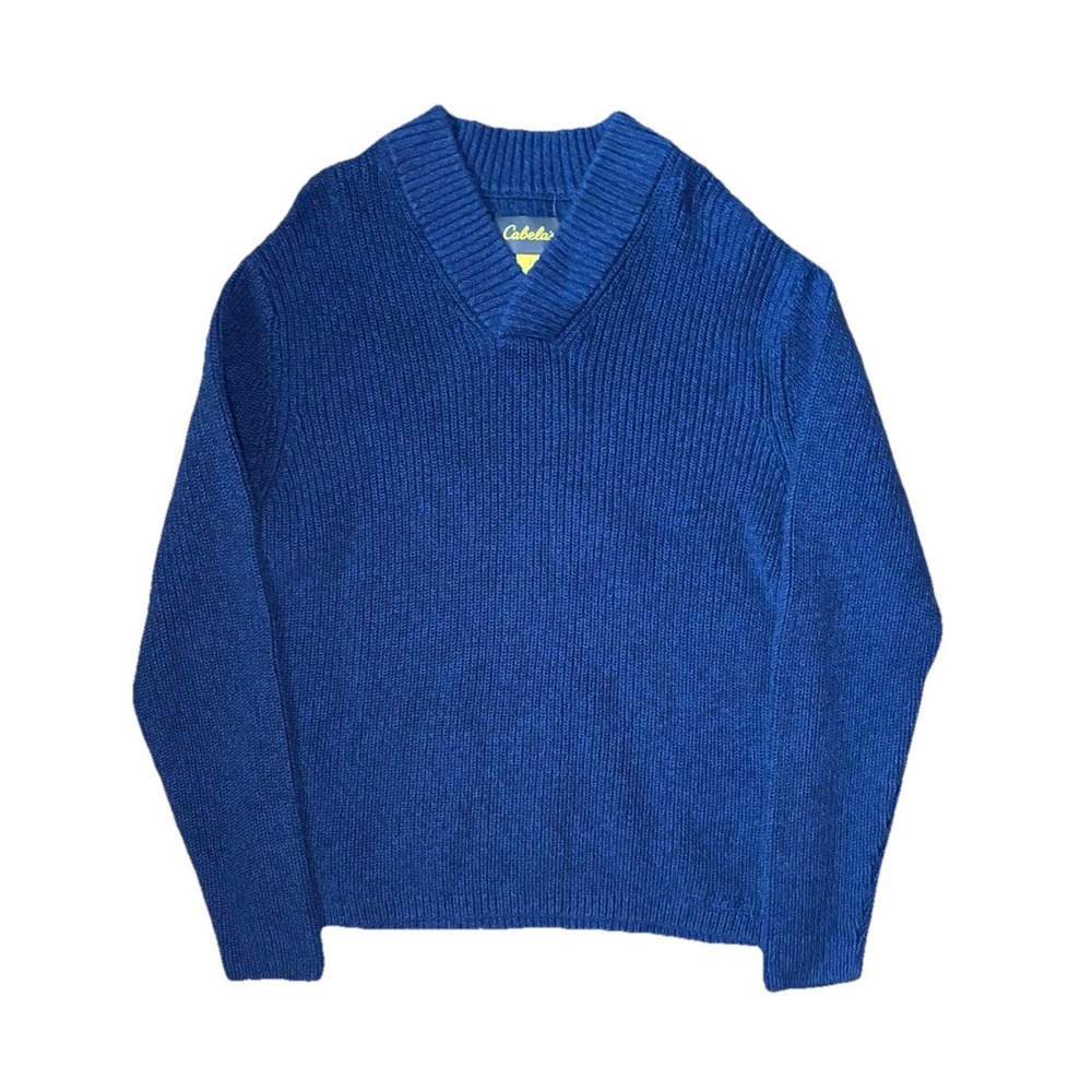 Cabela's V-Neck Knit Sweater Mens L Cozy Blue Cotton Knit Grandpa Core‎